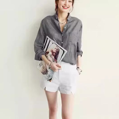 Chic und Stil Women's Tailored Lightweight Button-Down Shirt and Shorts Set