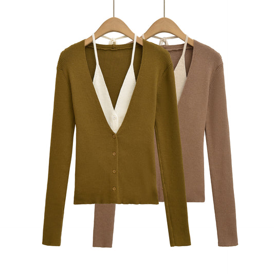 Dames élégant cardigan en tricot avec décolleté en V profond et doublure contrastante Chic und Stil