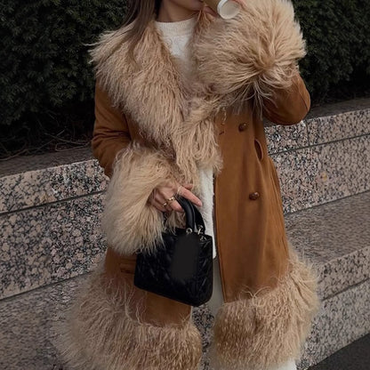 Dames Élégant Teddy Jacket avec ceinture à la taille et col volumineux Chic und Stil