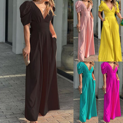 Robe maxi élégante pour femmes avec des manches bouffantes et un décolleté en V profond Chic und Stil