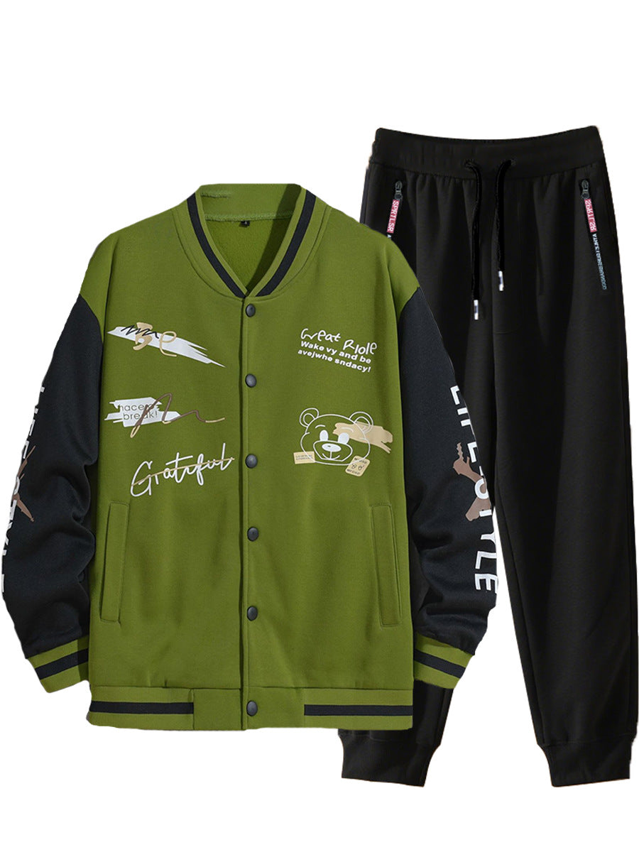 Men's College Style Sports Jacket Set and Jogging Pants with Colorful Patterns Chic and Style