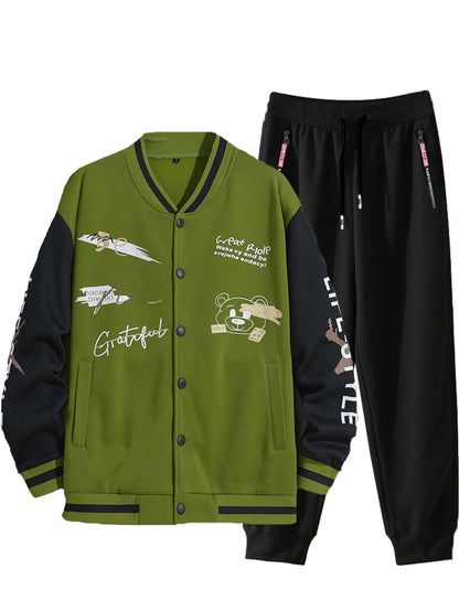 Men's College Style Sports Jacket Set and Jogging Pants with Colorful Patterns Chic and Style