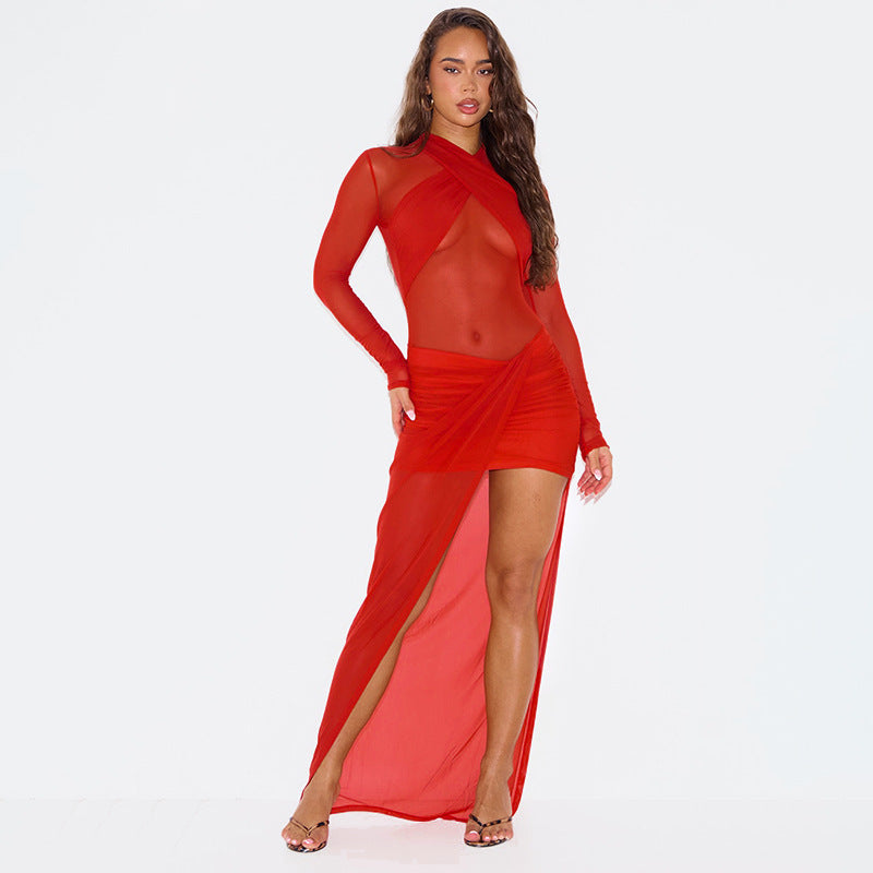 Robe longue transparente pour femmes à manches longues avec haute fente et silhouette drapée Chic und Stil