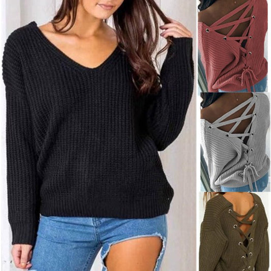 Pull en tricot pour femmes avec un design arrière créatif et des détails de lacets uniques Chic und Stil