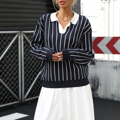 Pull en tricot pour dames avec col élégant et motif rayé Chic und Stil