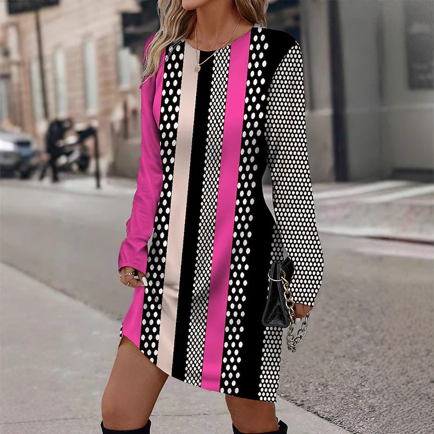 Robe longue à manches longues pour femmes avec motif graphique à rayures et design ponctuel Chic und Stil