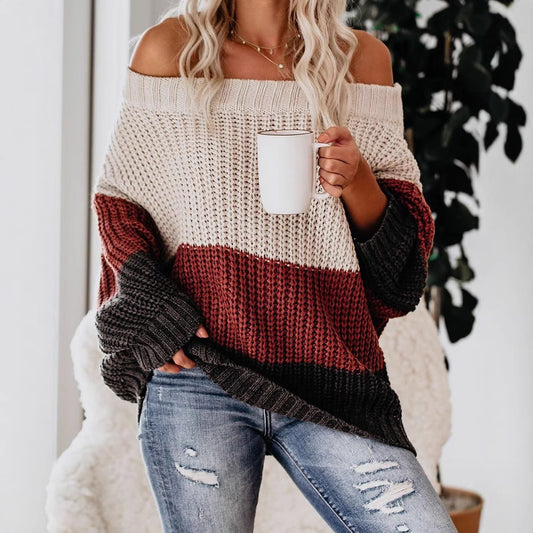 Pull en gros tricot décontracté pour femmes avec design off-shoulder et combinaison de couleurs décorative Chic und Stil