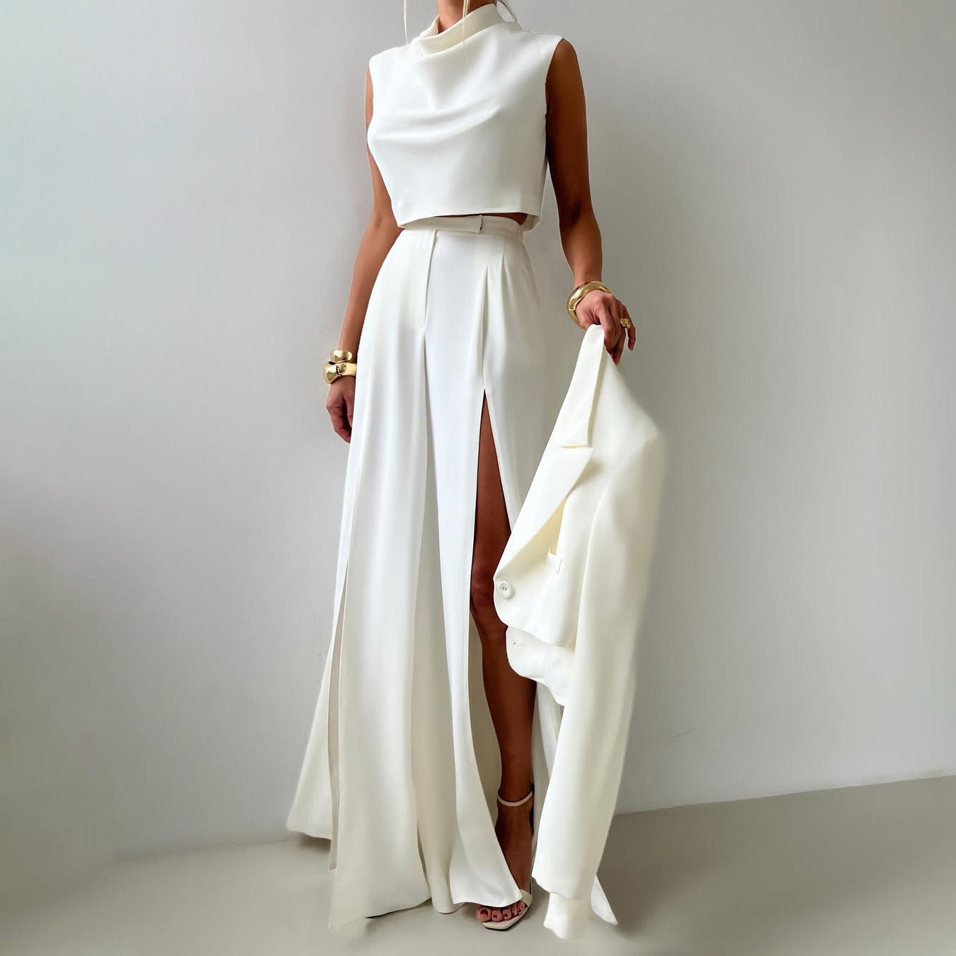 Dames élégant Crop-Blazer avec jupe maxi fendue Chic und Stil