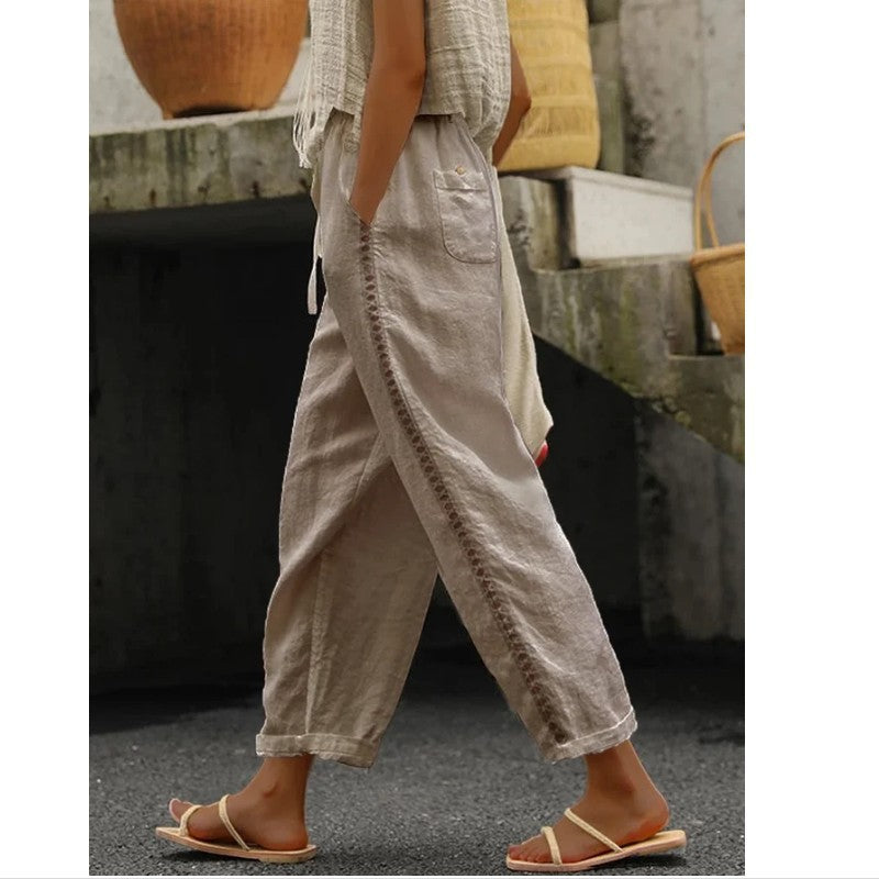 Ladies Lightweight Linen Pants with Side Button Detail Chic and Style