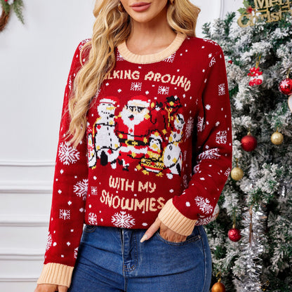 Pullover de Noël pour femmes avec motif amusant de Santa et bonhomme de neige Chic und Stil