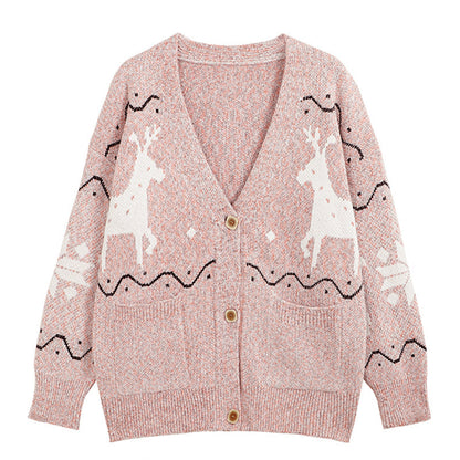 Ladies Comfortable Pullover with Reindeer Pattern and Pockets Chic and Style