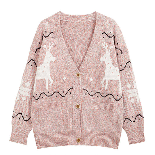 Ladies Comfortable Pullover with Reindeer Pattern and Pockets Chic and Style