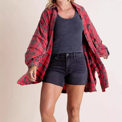 Dames décontractée veste longue à carreaux avec de larges manches Chic und Stil