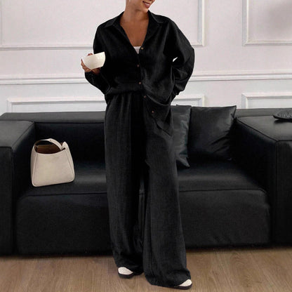 Dames élégant décontracté blouse en lin et large pantalon Chic und Stil