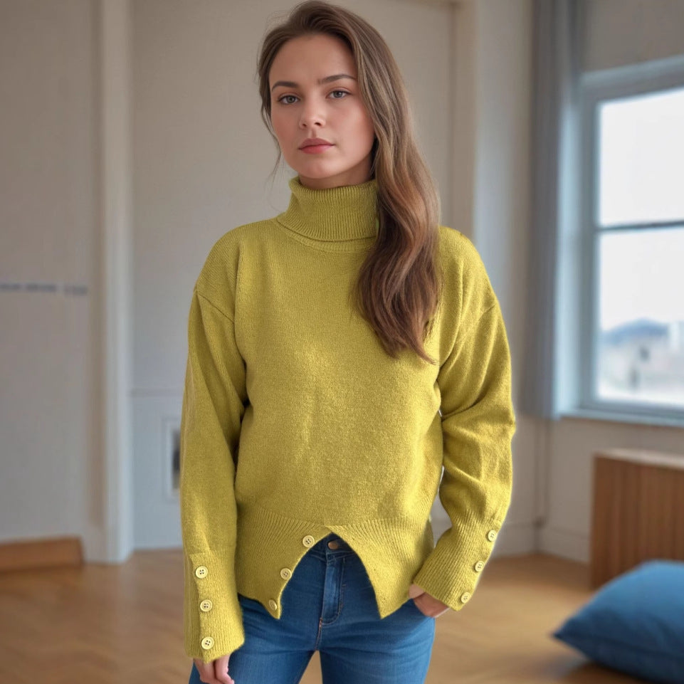 Pull col roulé tendance pour femmes avec détails de boutons et ourlet asymétrique Chic und Stil