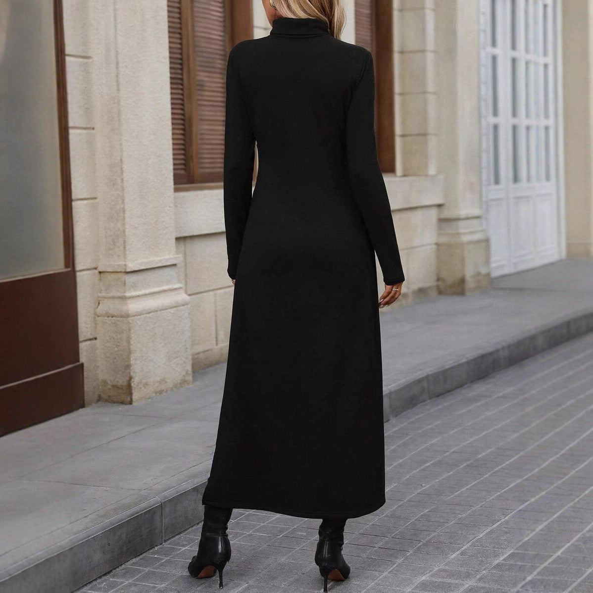 Asymmetrical long dress with long sleeves for women with high neck and deep slit Chic and Style