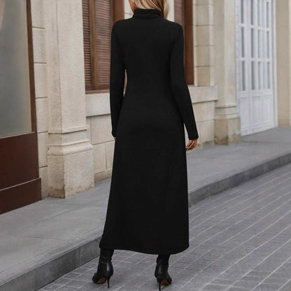 Asymmetrical long dress with long sleeves for women with high neck and deep slit Chic and Style