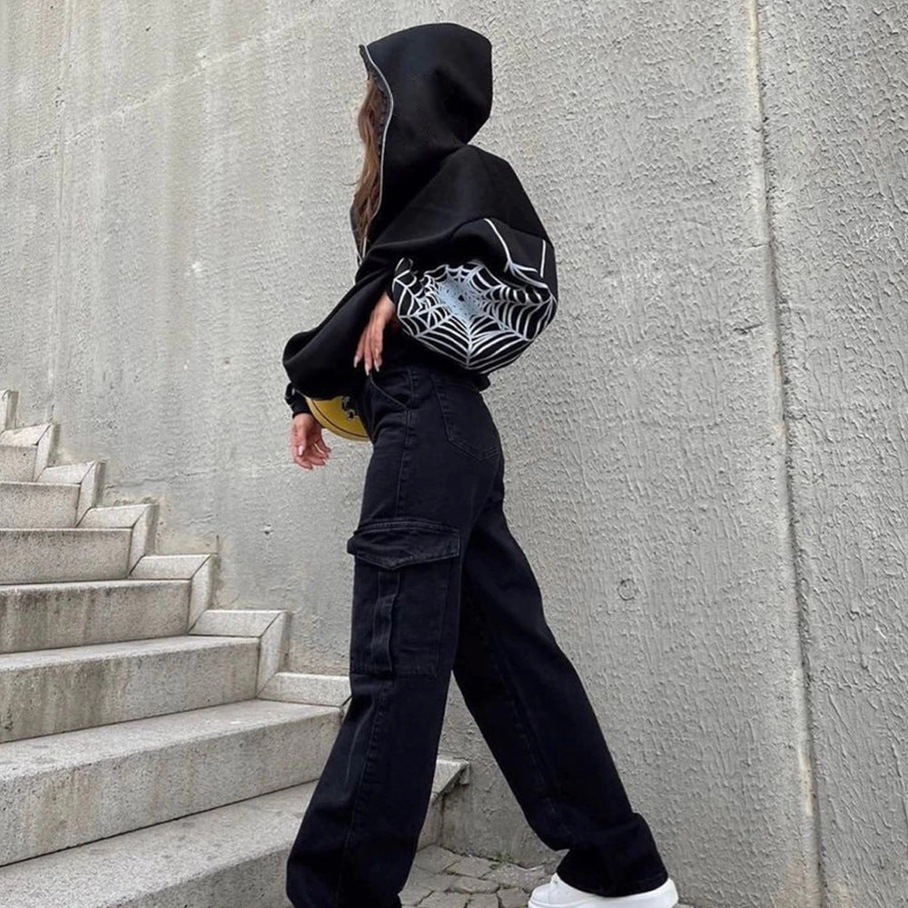 Pull à capuche pour femmes avec un motif unique de toile d'araignée et une coupe généreuse Chic und Stil