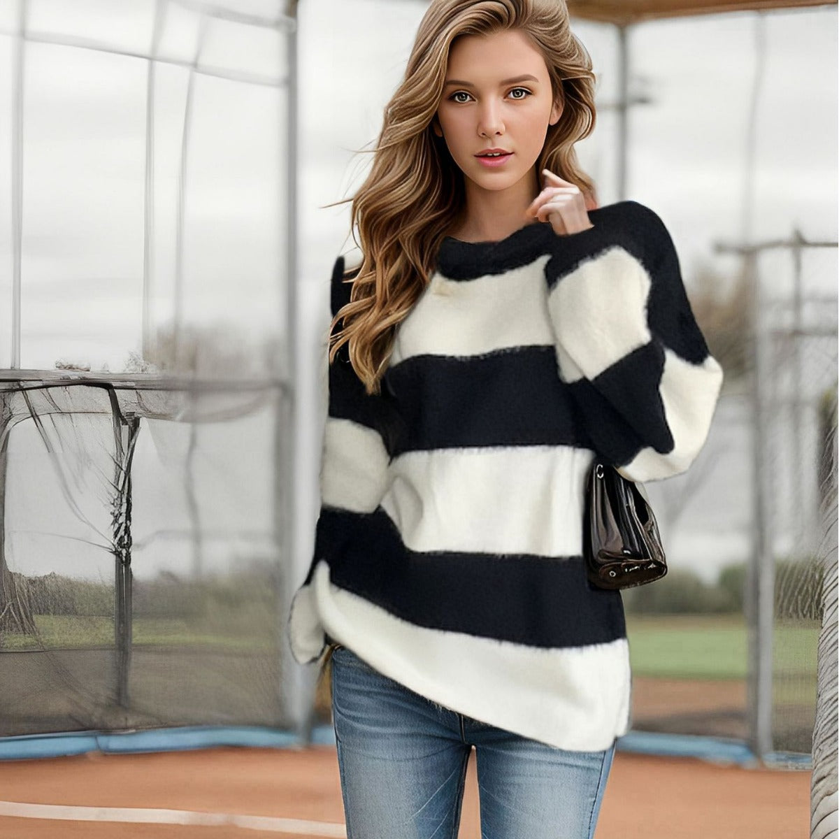 Ladies decorative striped sweater Chic and Style