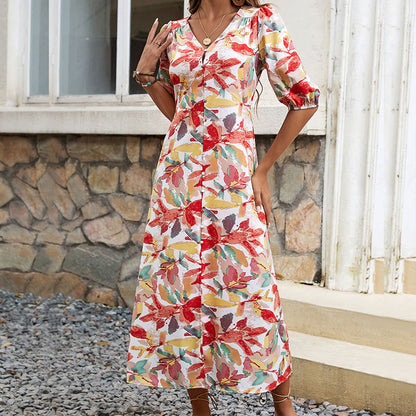 Robe maxi à boutons imprimé floral pour dames Chic und Stil