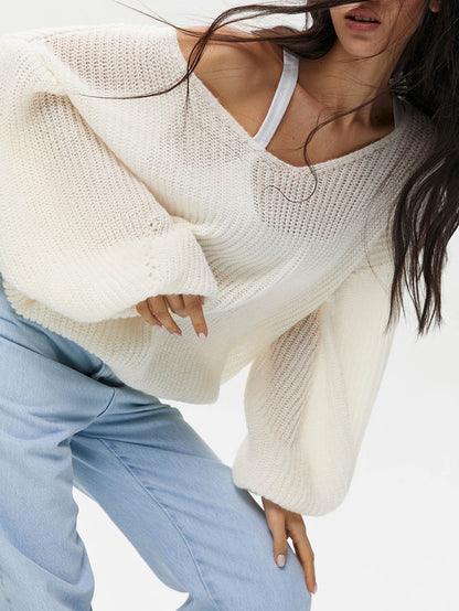 Pull-over en tricot décontracté pour femmes avec des manches larges et un décolleté en V profond Chic und Stil