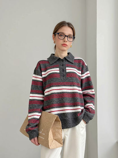 Pull en tricot élégant pour femmes avec col polo et motif rayé Chic und Stil