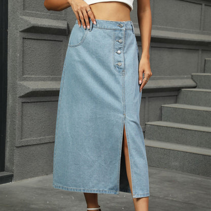 Jupe maxi en denim pour femme avec fente latérale et détails de bouton Chic und Stil