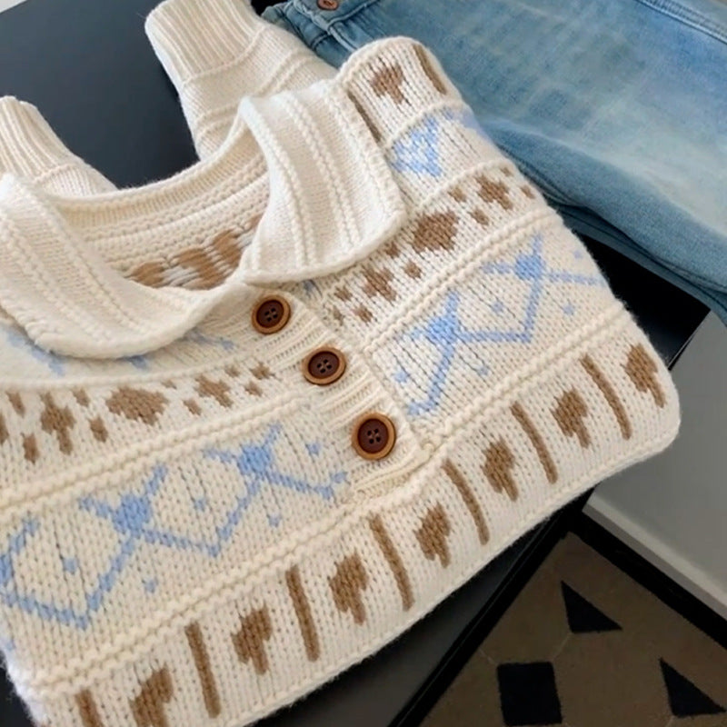 Dames gros pull en tricot avec un motif amoureux et un col romantique Chic und Stil