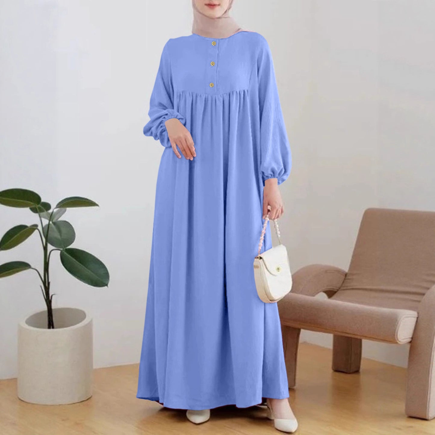 Robe maxi légère pour femme avec boutonnage confortable et élégantes manches bouffantes Chic und Stil