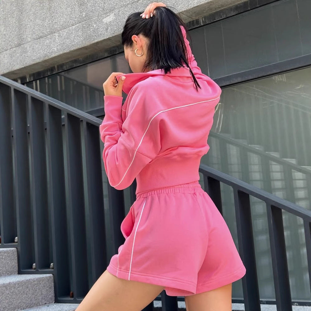 Short sports set for women with hoodie and elastic shorts Chic and Style