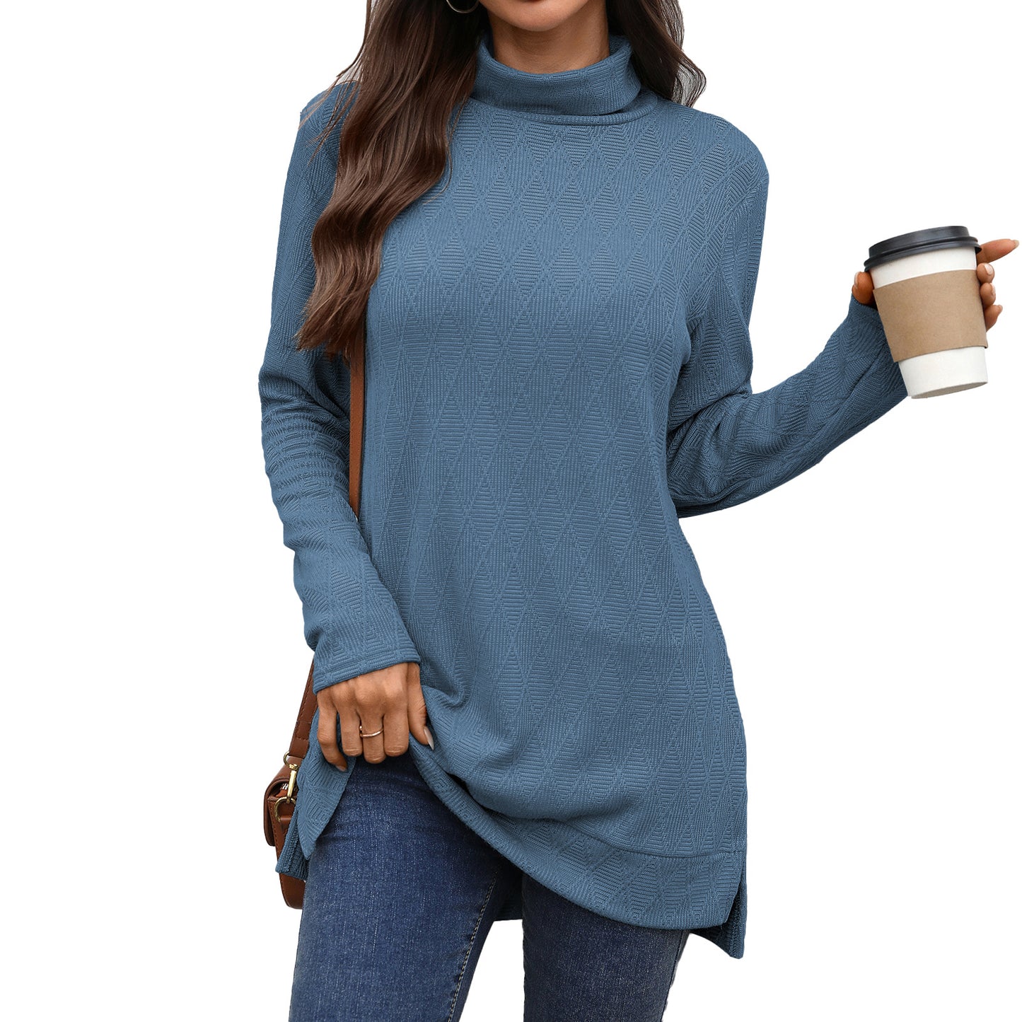 Dames Pull Long Manches avec Col Montant Chic und Stil