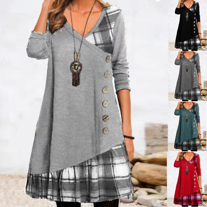 Robe décontractée asymétrique pour femmes avec ourlet à carreaux et détail de bouton Chic und Stil