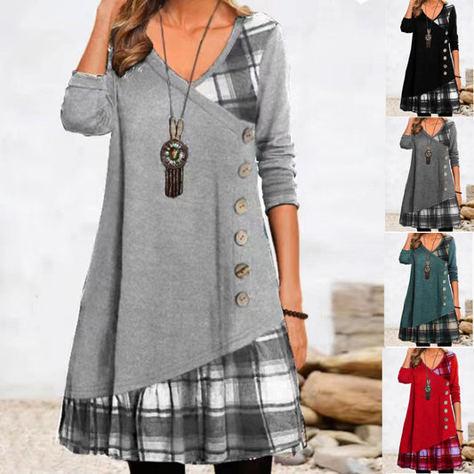 Robe décontractée asymétrique pour femmes avec ourlet à carreaux et détail de bouton Chic und Stil