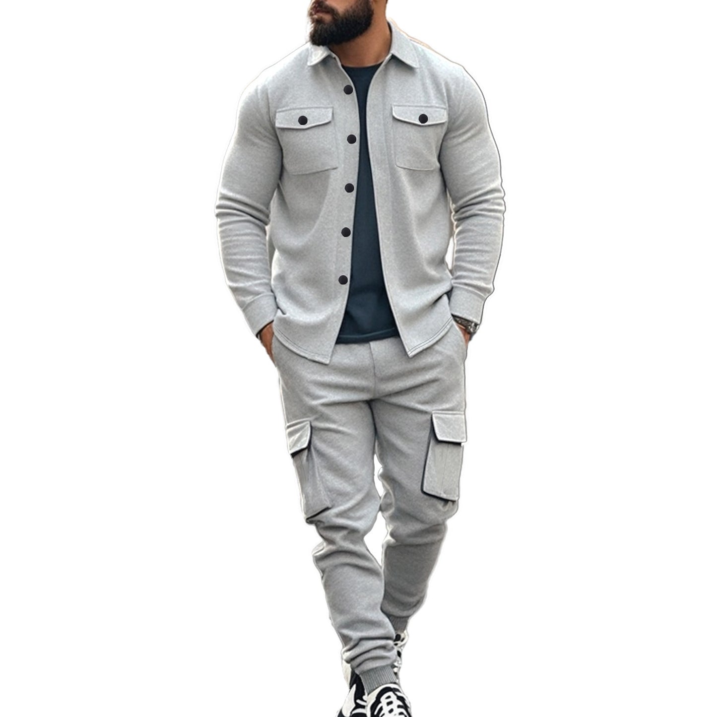 Men's Cargo Set with Casual Shirt and Chic Elastic Pants