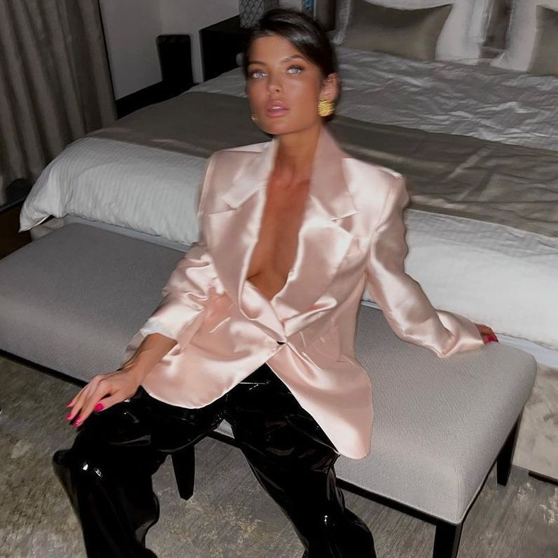 Dames Élégant ensemble blazer avec pantalons brillants Chic und Stil