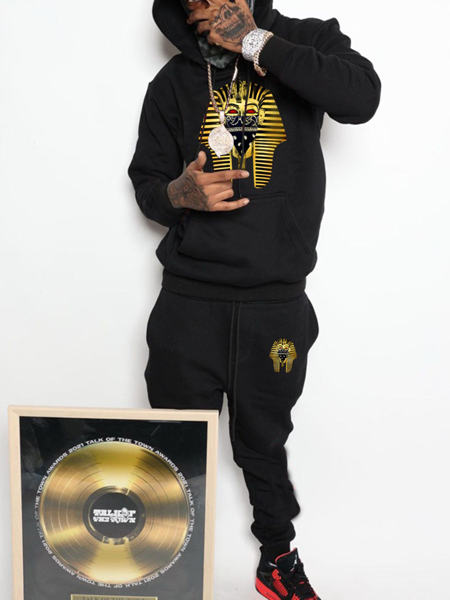 Men's hooded sweatshirt and jogger pants set with artistic pharaoh pattern Chic and Style