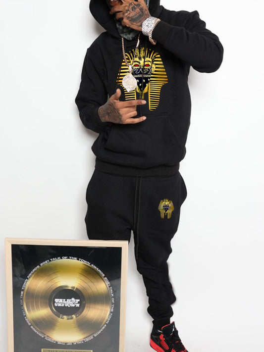 Men's hooded sweatshirt and jogger pants set with artistic pharaoh pattern Chic and Style