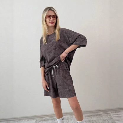 Dames ensemble décontracté à manches courtes en matériau doux avec shorts confortables Chic und Stil