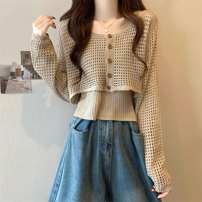 Dames cardigan décontracté en tricot avec motif en filet et fermeture à bouton Chic und Stil