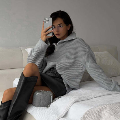 Pull en tricot surdimensionné pour femme avec col montant et fermeture éclair Chic und Stil