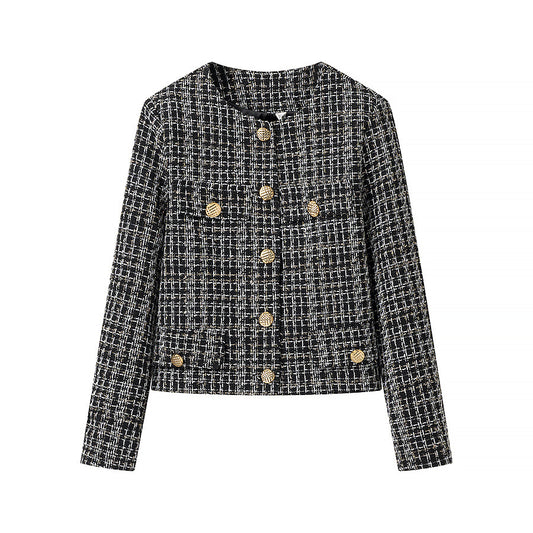 Dames élégante veste courte dans un style tweed à la mode avec des détails de boutons dorés Chic und Stil