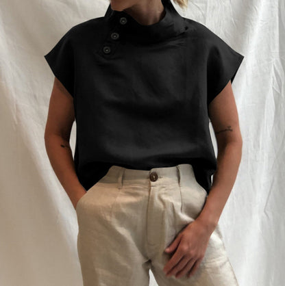 Dames Haut à manches courtes confortable avec col montant tendance Chic und Stil