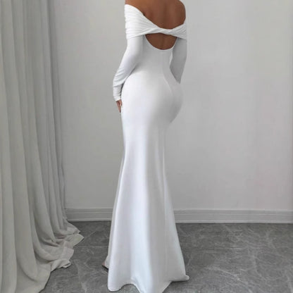 Dames Élégante Robe Maxi Off-Shoulder avec Manches Longues et Haut Drapé Chic und Stil