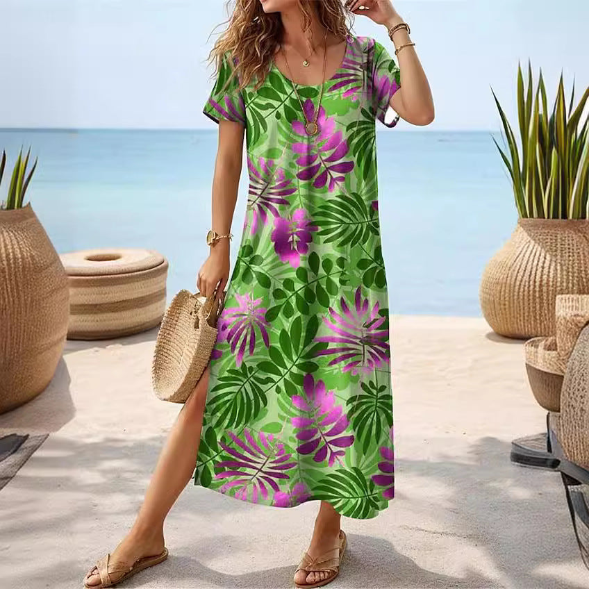 Robe maxi pour femmes avec un design élégant de feuilles tropicales et des fentes latérales Chic und Stil