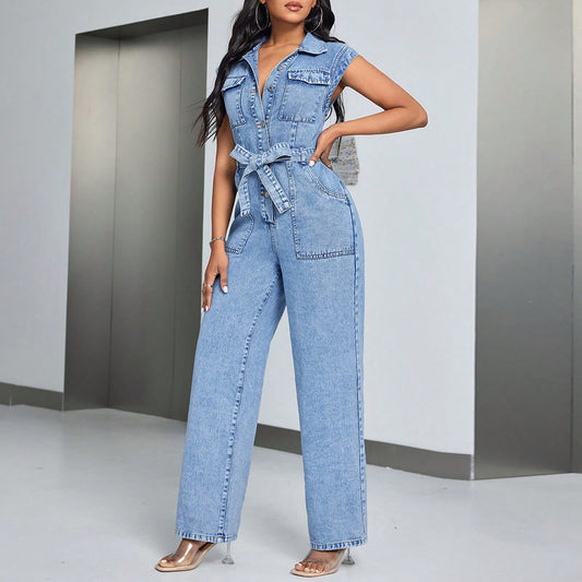 Combinaison en jean tendance pour femmes avec poches appliquées et lien à la taille Chic und Stil