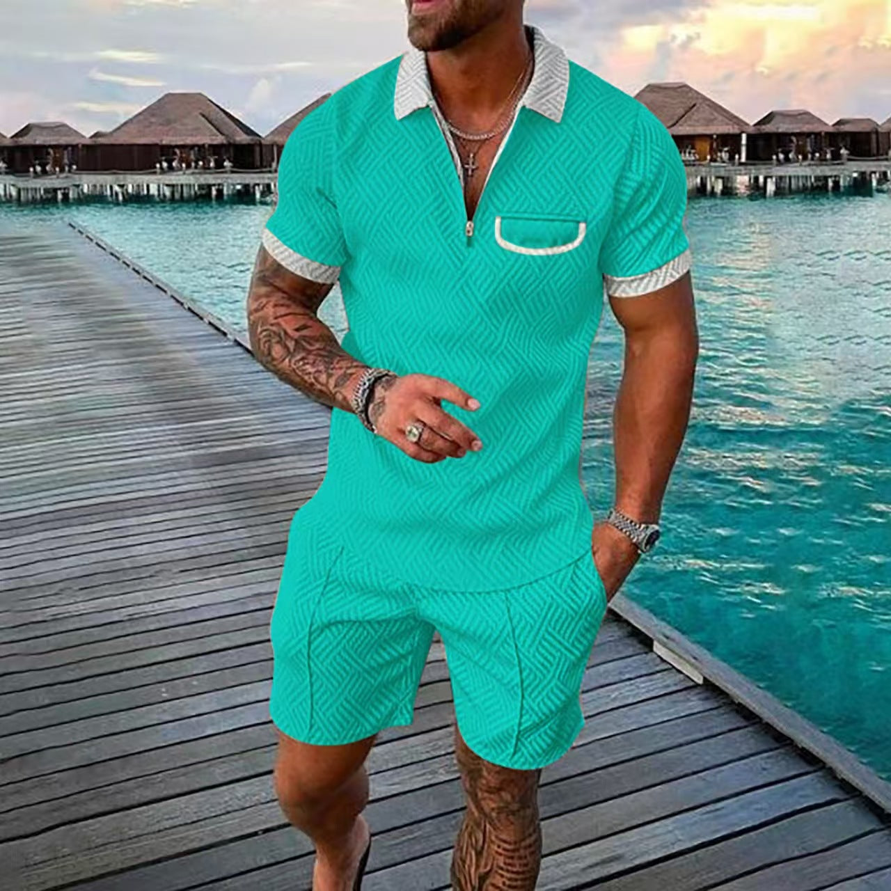 Ensemble polo à manches courtes à motif pour hommes et shorts Chic und Stil