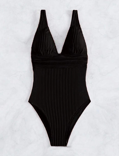 Maillot de bain une pièce pour femmes avec un design à côtes raffiné et un décolleté en V profond Chic und Stil