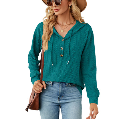 Pull à capuche décontracté pour femmes avec surface texturée et détails de boutons Chic und Stil