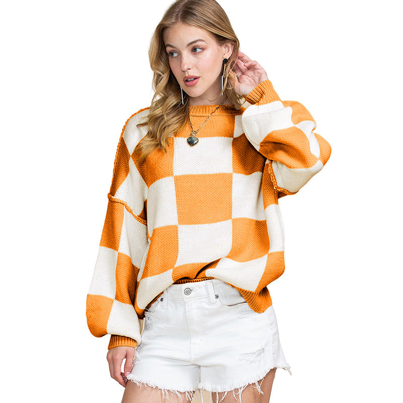 Pull oversized pour femmes à motif écossais et manches volumineuses Chic und Stil