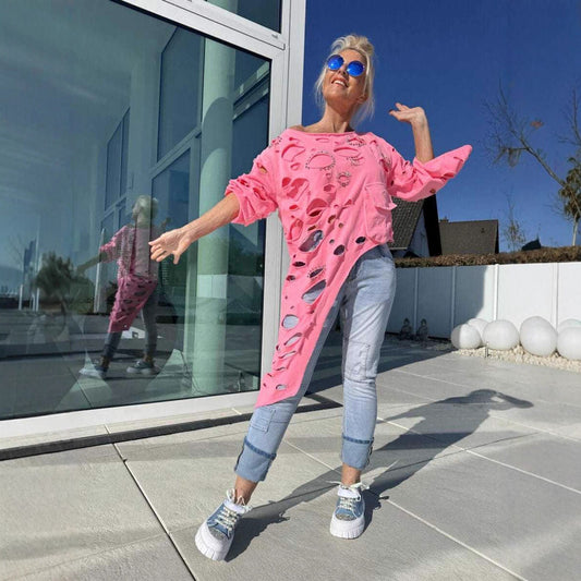 T-shirt oversized pour femmes avec des détails de déchirure tendance et une coupe décontractée Chic und Stil